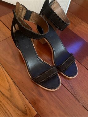 Frye Black Scalloped Ankle-Strap Heels